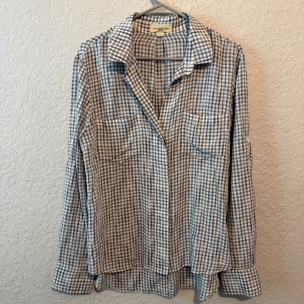 Anthropology Cloth & Stone Plaid Button Down Shirt Large Coastal Cottagecore
